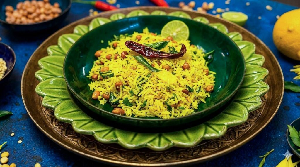 Yellow lemon rice on a green plate